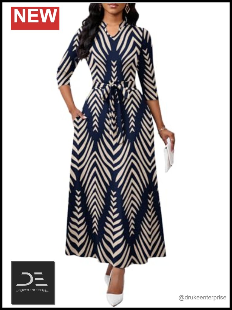 Maxi Dress 3/4 Sleeve A-Line Casual With Pockets Semi Formal Church